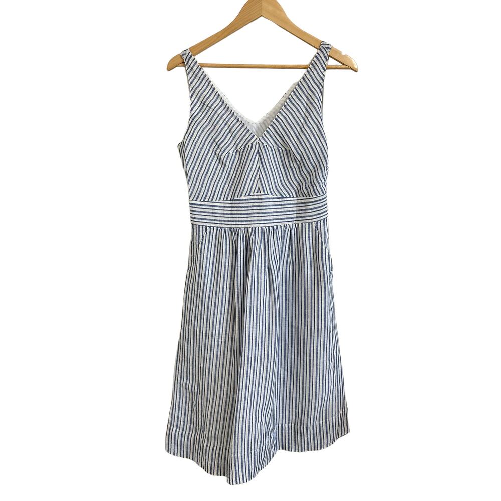 Zyga‎ juliette white blue linen striped v neck sleeveless dress size Small